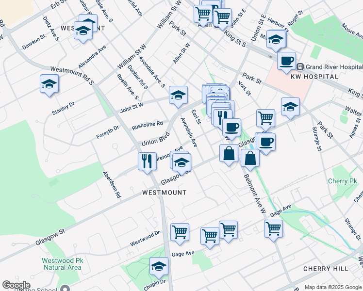 map of restaurants, bars, coffee shops, grocery stores, and more near in Kitchener