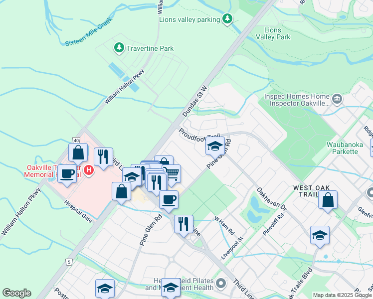 map of restaurants, bars, coffee shops, grocery stores, and more near 2446 Newcastle Crescent in Oakville