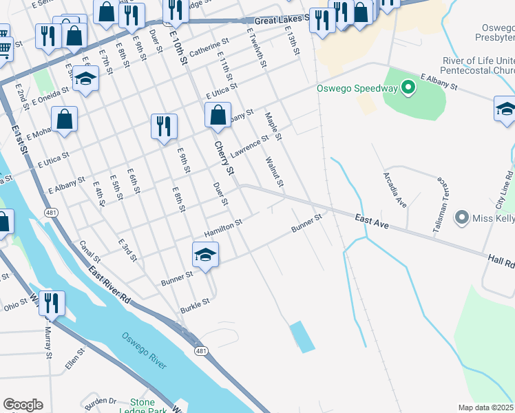 map of restaurants, bars, coffee shops, grocery stores, and more near 11 Cherry Street in Oswego