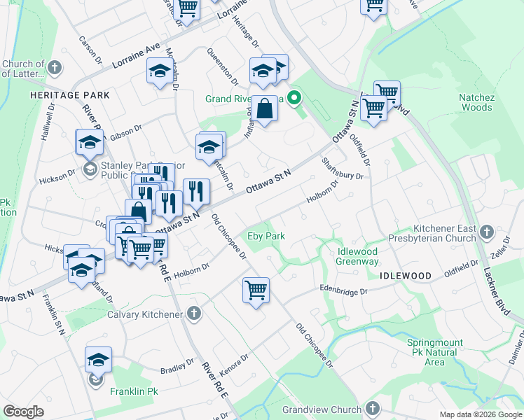 map of restaurants, bars, coffee shops, grocery stores, and more near 11 Carnaby Crescent in Kitchener