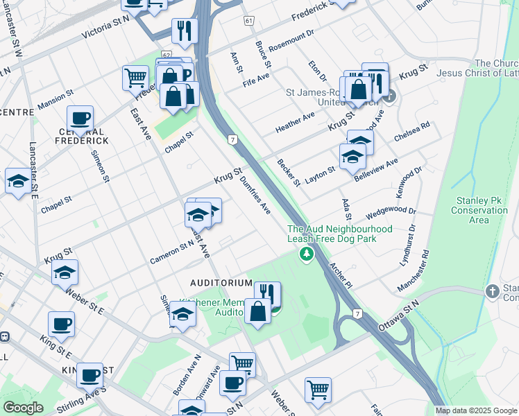 map of restaurants, bars, coffee shops, grocery stores, and more near 403 Dumfries Avenue in Kitchener