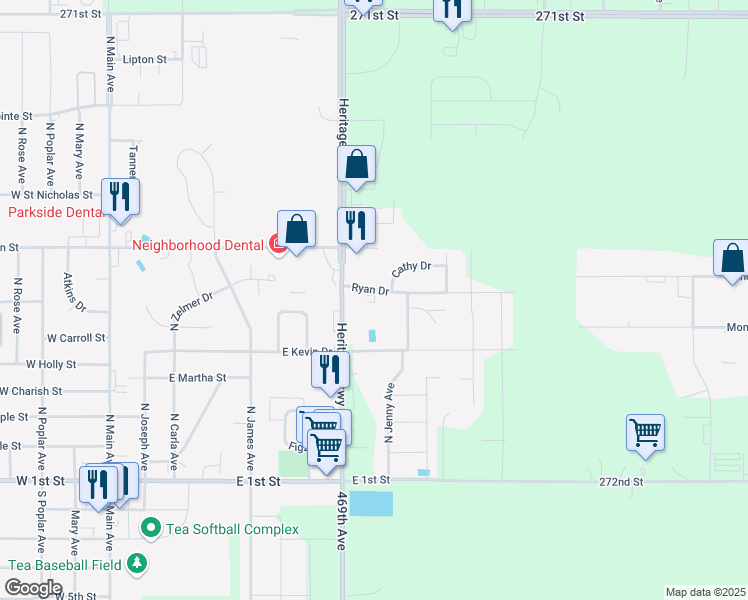 map of restaurants, bars, coffee shops, grocery stores, and more near 805 Ryan Drive in Tea
