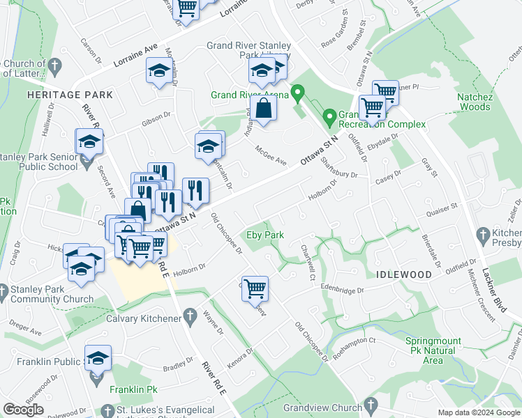 map of restaurants, bars, coffee shops, grocery stores, and more near 11 Carnaby Crescent in Kitchener