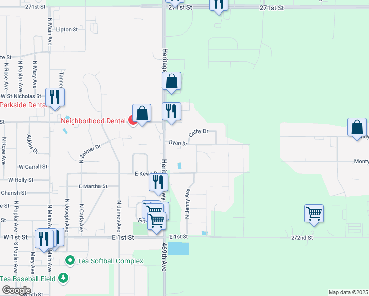 map of restaurants, bars, coffee shops, grocery stores, and more near 805 Ryan Drive in Tea