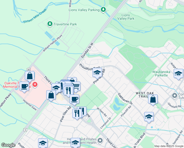 map of restaurants, bars, coffee shops, grocery stores, and more near 2539 Nettlecreek Crescent in Oakville