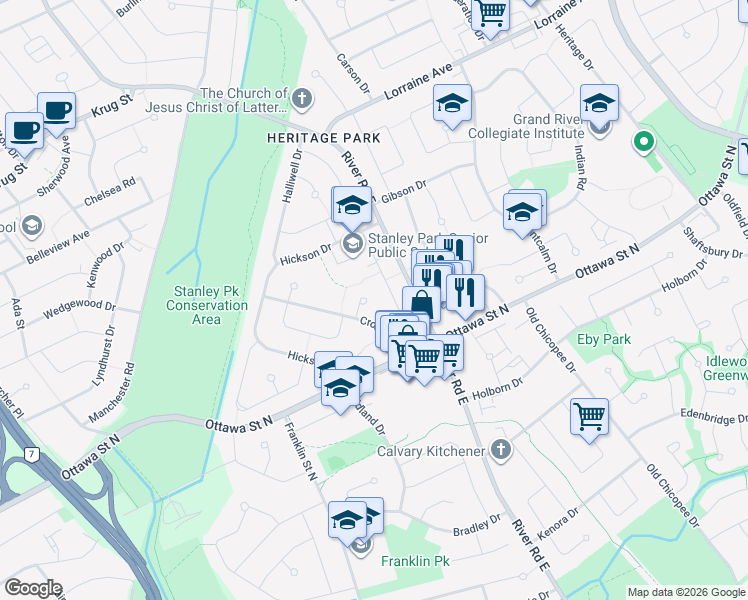 map of restaurants, bars, coffee shops, grocery stores, and more near 58 Secord Avenue in Kitchener