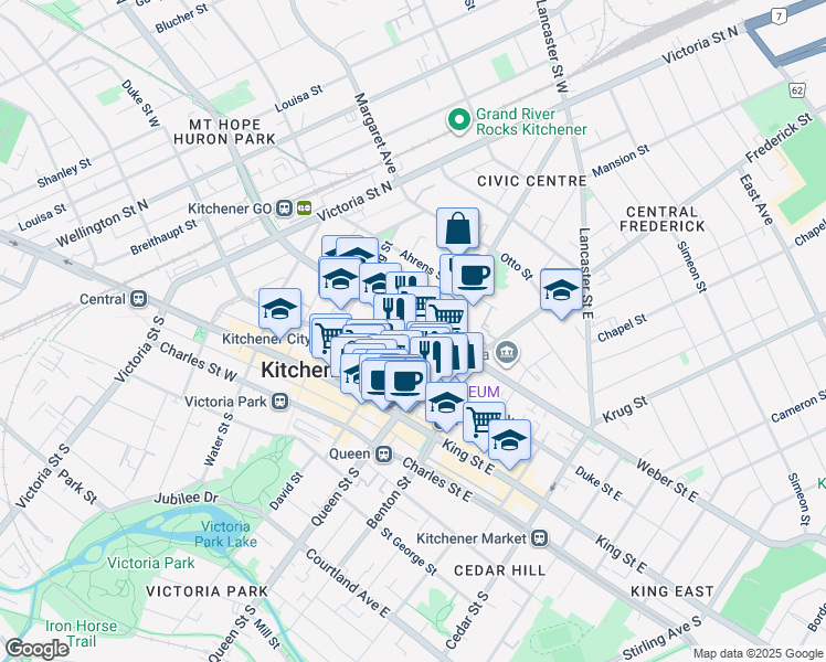 map of restaurants, bars, coffee shops, grocery stores, and more near 17 Weber Street West in Kitchener