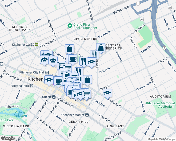 map of restaurants, bars, coffee shops, grocery stores, and more near 14 Irvin Street in Kitchener