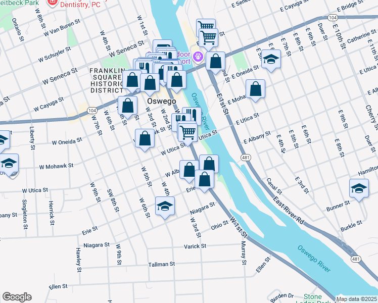 map of restaurants, bars, coffee shops, grocery stores, and more near 300 West 1st Street in Oswego