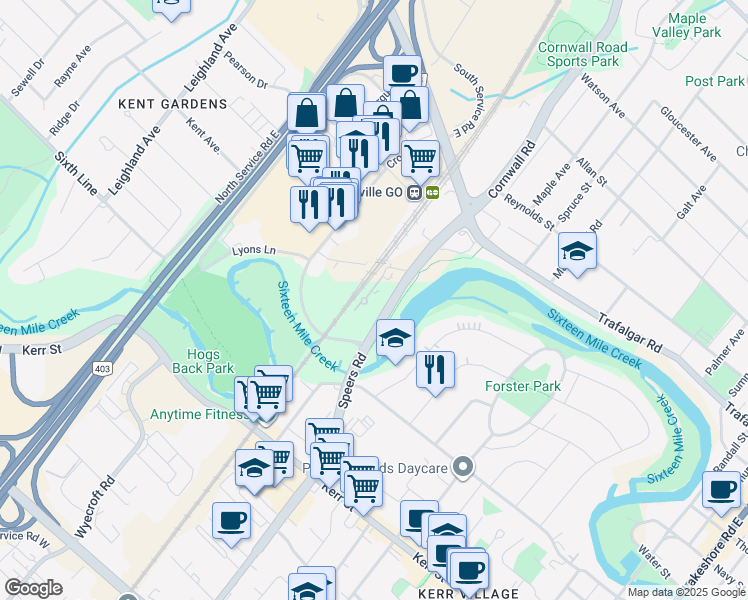 map of restaurants, bars, coffee shops, grocery stores, and more near in Oakville