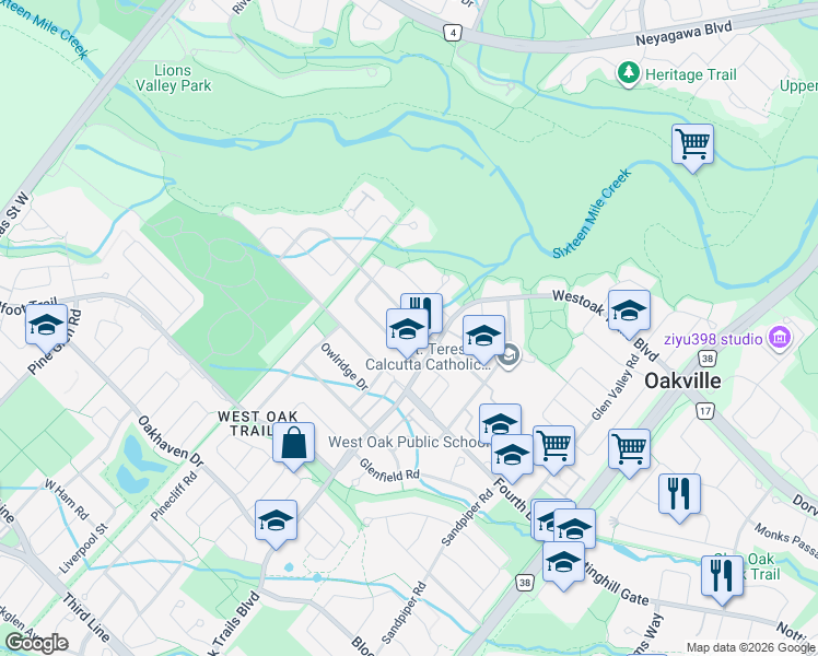 map of restaurants, bars, coffee shops, grocery stores, and more near 2220 Ridge Landing in Oakville