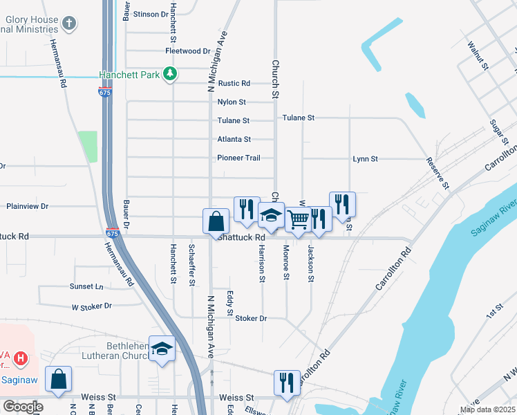 map of restaurants, bars, coffee shops, grocery stores, and more near 3100 Lily Street in Saginaw