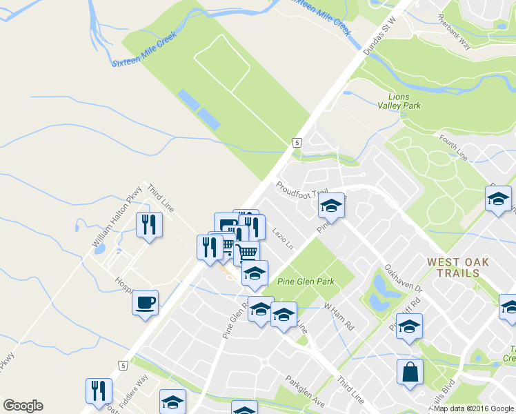 map of restaurants, bars, coffee shops, grocery stores, and more near 2399 Newcastle Crescent in Oakville