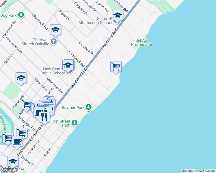 map of restaurants, bars, coffee shops, grocery stores, and more near 9 Chartwell Road in Oakville