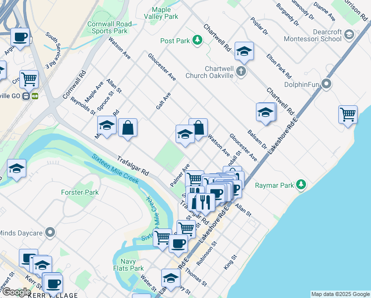 map of restaurants, bars, coffee shops, grocery stores, and more near 221 Allan Street in Oakville