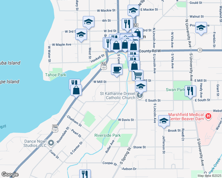 map of restaurants, bars, coffee shops, grocery stores, and more near 114 Elm St in Beaver Dam