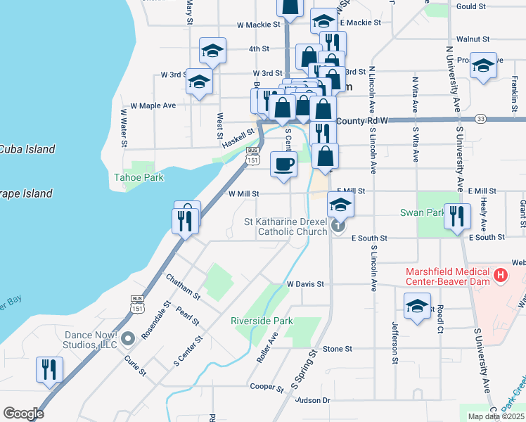 map of restaurants, bars, coffee shops, grocery stores, and more near 114 Elm Street in Beaver Dam