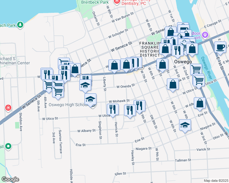 map of restaurants, bars, coffee shops, grocery stores, and more near 134 West Oneida Street in Oswego