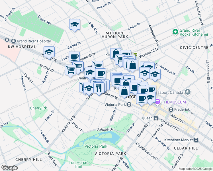 map of restaurants, bars, coffee shops, grocery stores, and more near in Kitchener