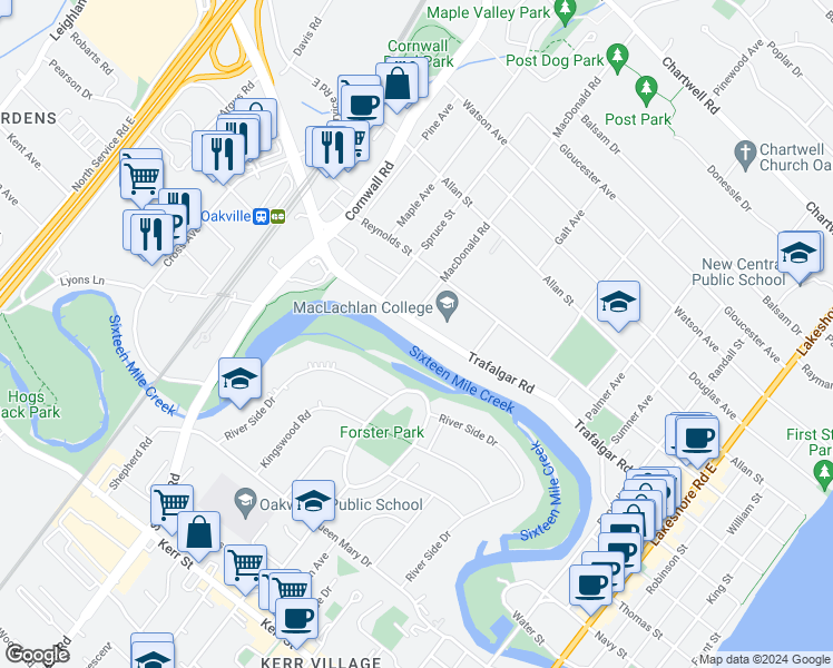map of restaurants, bars, coffee shops, grocery stores, and more near 356 Trafalgar Road in Oakville