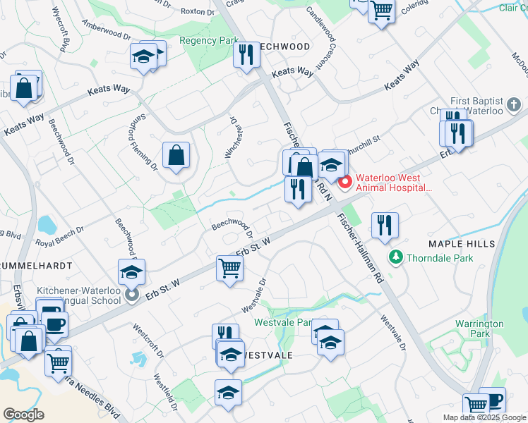 map of restaurants, bars, coffee shops, grocery stores, and more near 458 Beechwood Place in Waterloo