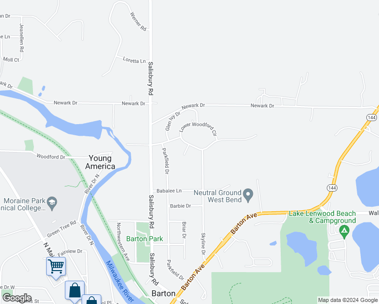 map of restaurants, bars, coffee shops, grocery stores, and more near 2701 Kettle Court in West Bend