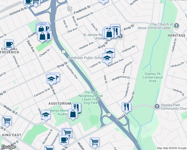 map of restaurants, bars, coffee shops, grocery stores, and more near 41 Belleview Avenue in Kitchener