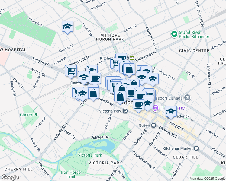map of restaurants, bars, coffee shops, grocery stores, and more near in Kitchener