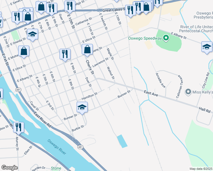 map of restaurants, bars, coffee shops, grocery stores, and more near 11 Cherry Street in Oswego