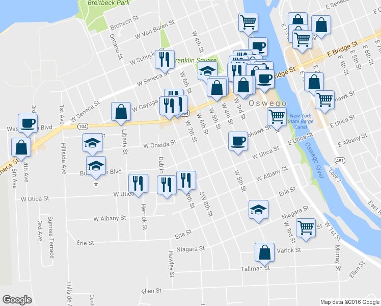 map of restaurants, bars, coffee shops, grocery stores, and more near 88 West Mohawk Street in Oswego