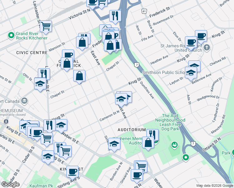 map of restaurants, bars, coffee shops, grocery stores, and more near 202 East Avenue in Kitchener