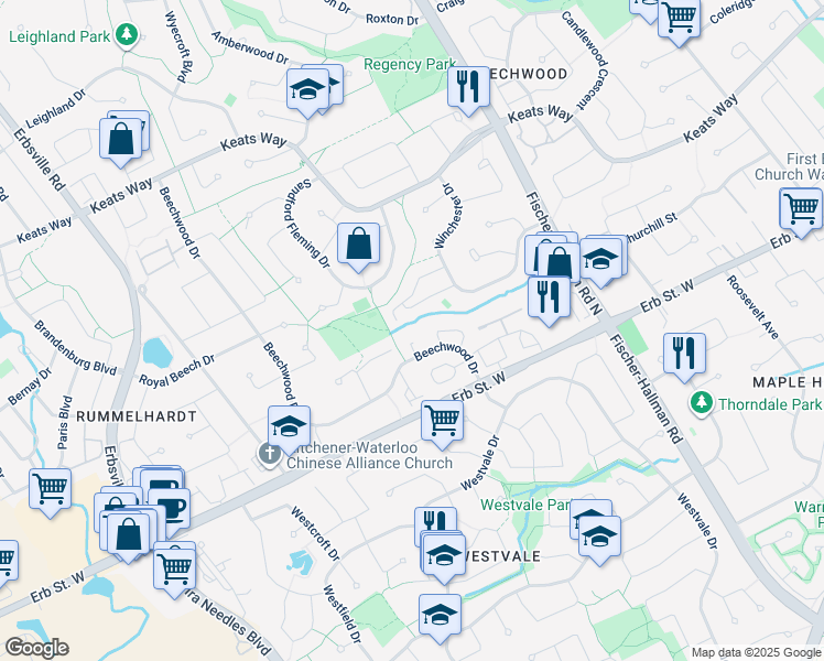 map of restaurants, bars, coffee shops, grocery stores, and more near 502 Beechwood Drive in Waterloo