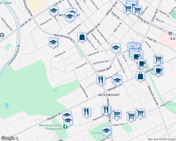 map of restaurants, bars, coffee shops, grocery stores, and more near 20 Golfview Place in Kitchener
