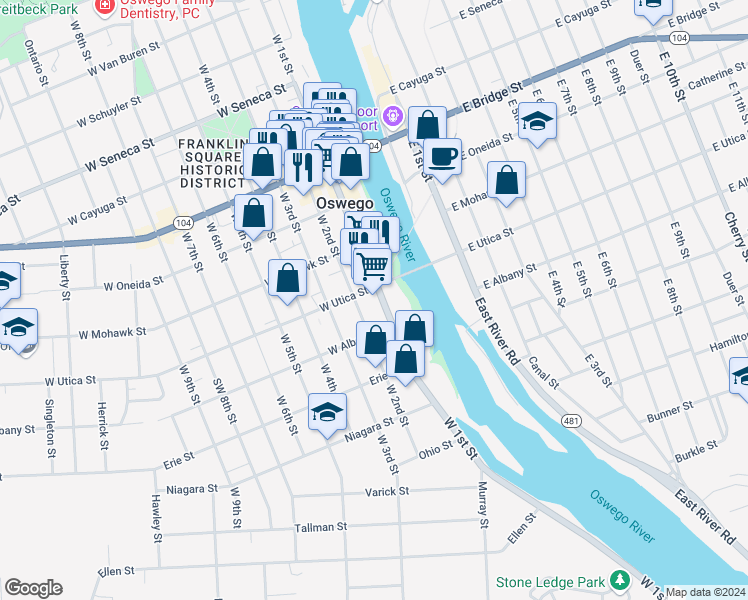 map of restaurants, bars, coffee shops, grocery stores, and more near 300 West 1st Street in Oswego