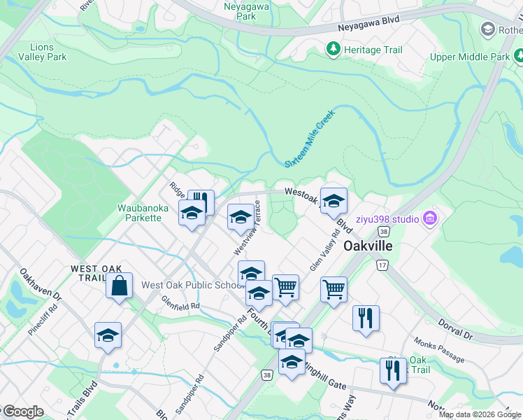 map of restaurants, bars, coffee shops, grocery stores, and more near 1148 Westview Terrace in Oakville