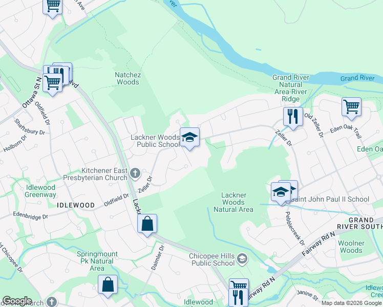 map of restaurants, bars, coffee shops, grocery stores, and more near 151 Zeller Drive in Kitchener