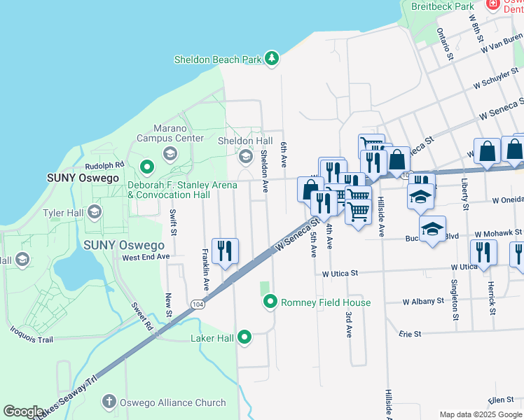map of restaurants, bars, coffee shops, grocery stores, and more near 92 Sheldon Avenue in Oswego