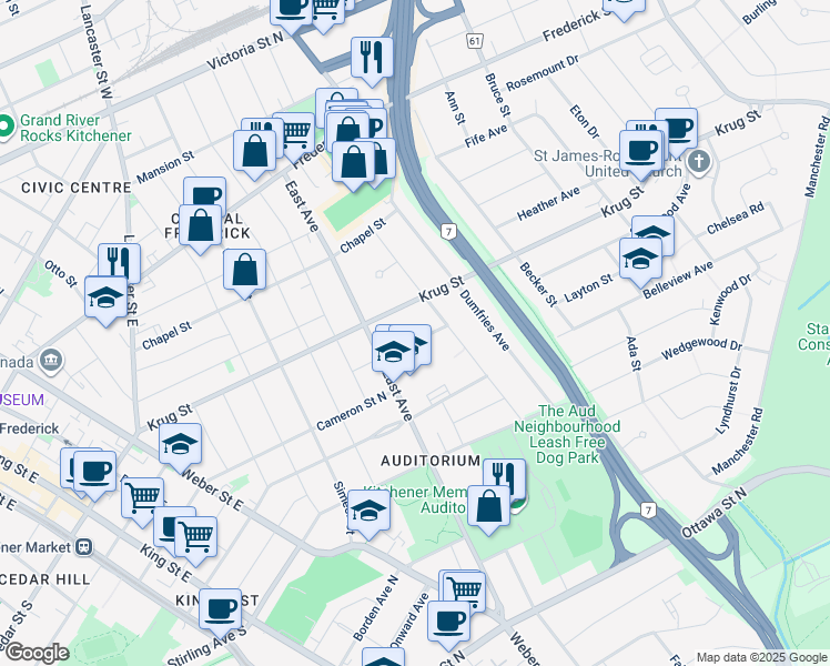 map of restaurants, bars, coffee shops, grocery stores, and more near 48 Glendale Road in Kitchener