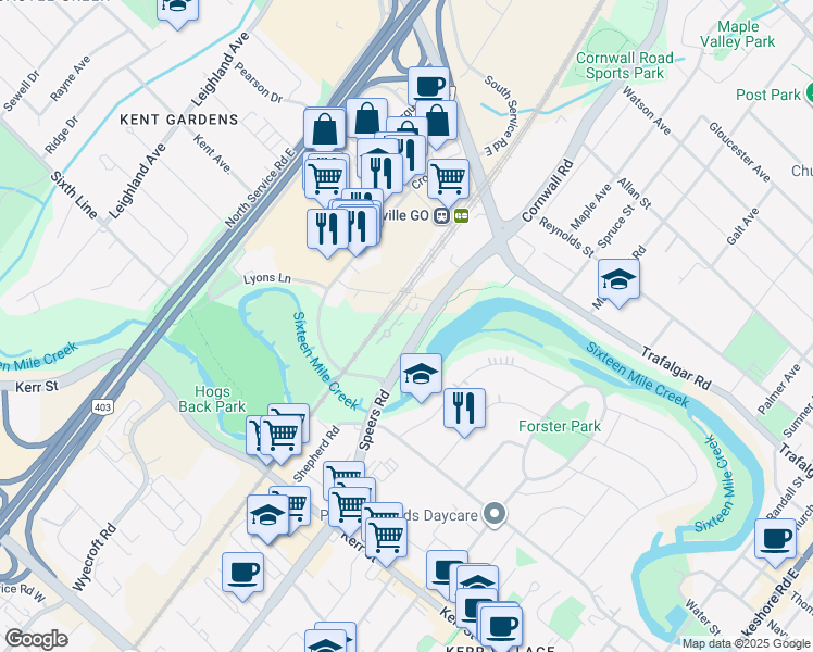 map of restaurants, bars, coffee shops, grocery stores, and more near 50 Old Mill Road in Oakville