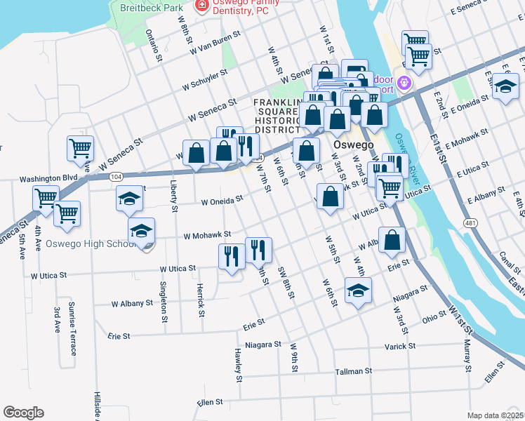map of restaurants, bars, coffee shops, grocery stores, and more near 88 West Mohawk Street in Oswego