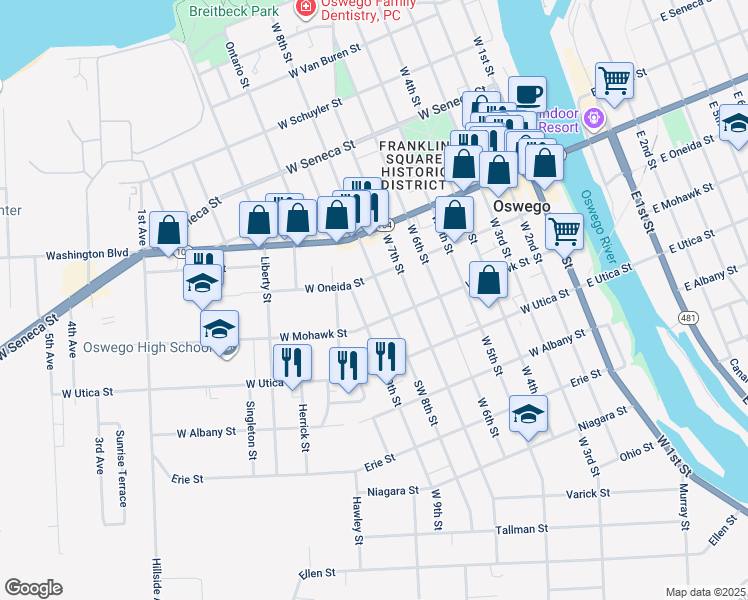map of restaurants, bars, coffee shops, grocery stores, and more near 15 West 9th Street in Oswego