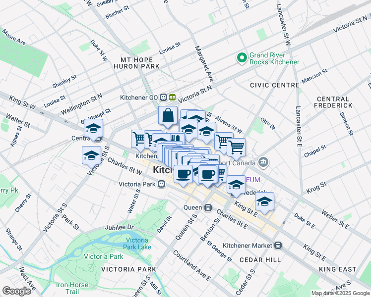 map of restaurants, bars, coffee shops, grocery stores, and more near 66 Young Street West in Waterloo