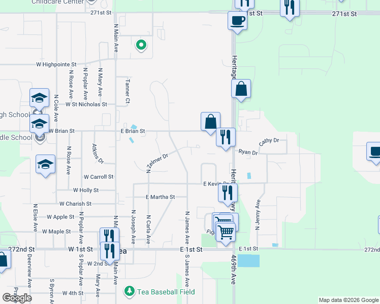 map of restaurants, bars, coffee shops, grocery stores, and more near 605 East Jesse Court in Tea