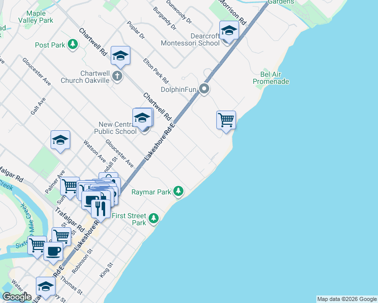 map of restaurants, bars, coffee shops, grocery stores, and more near 37 Howard Avenue in Oakville
