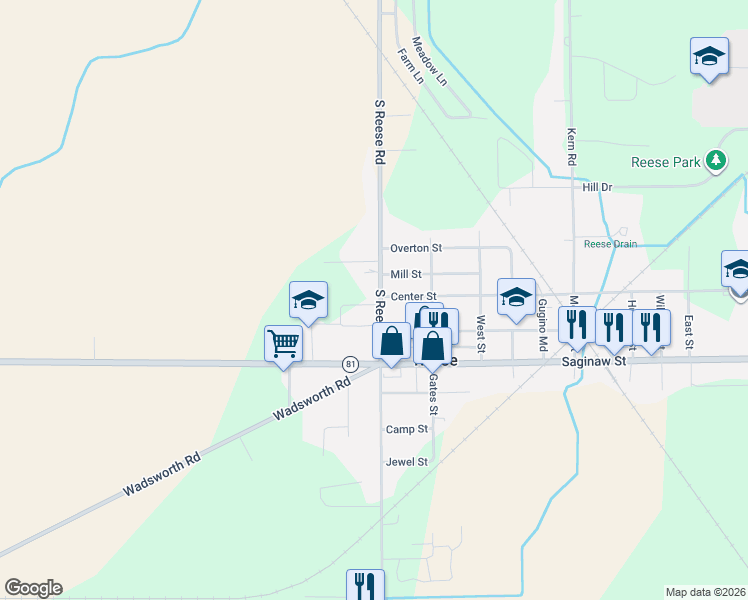 map of restaurants, bars, coffee shops, grocery stores, and more near 9995 Center Street in Reese