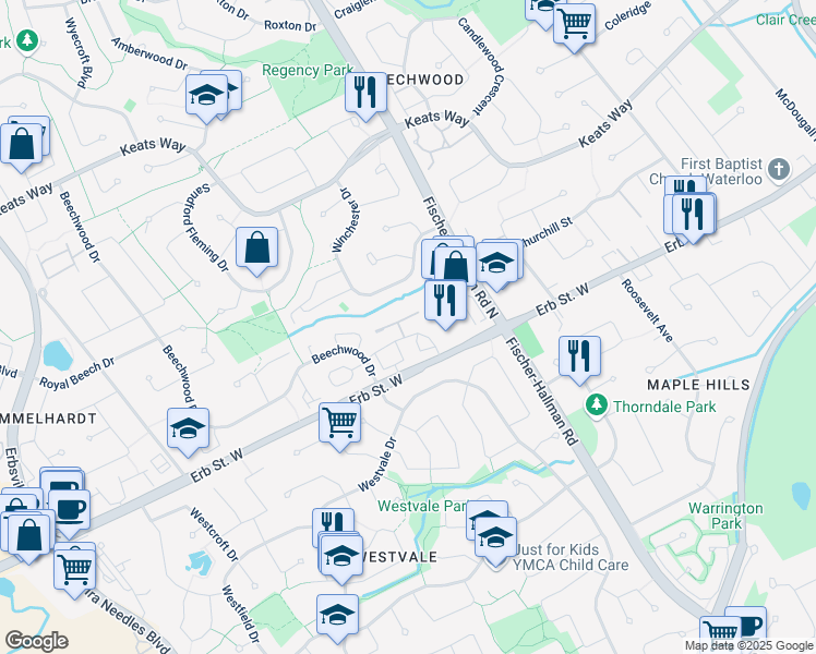 map of restaurants, bars, coffee shops, grocery stores, and more near 456 Beechwood Place in Waterloo