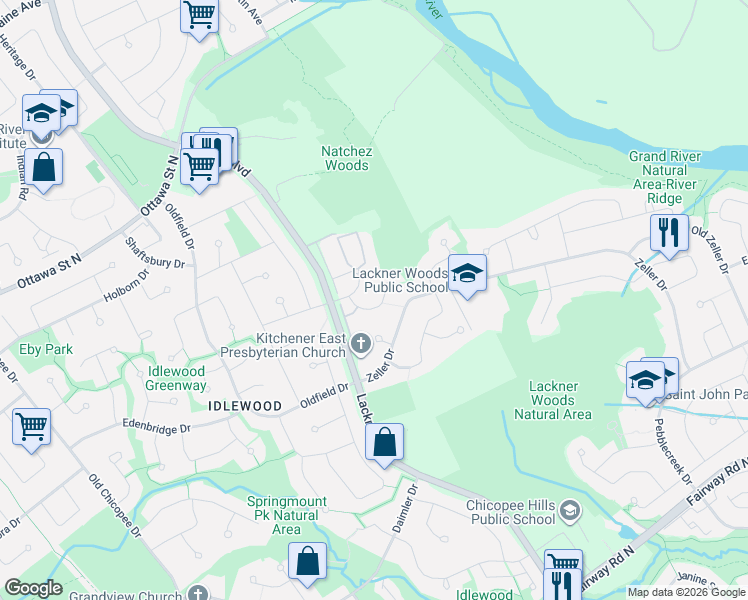 map of restaurants, bars, coffee shops, grocery stores, and more near 28 Gregg Court in Kitchener