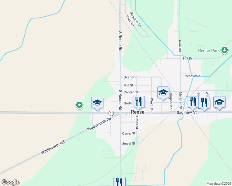 map of restaurants, bars, coffee shops, grocery stores, and more near 1946 South Reese Road in Reese