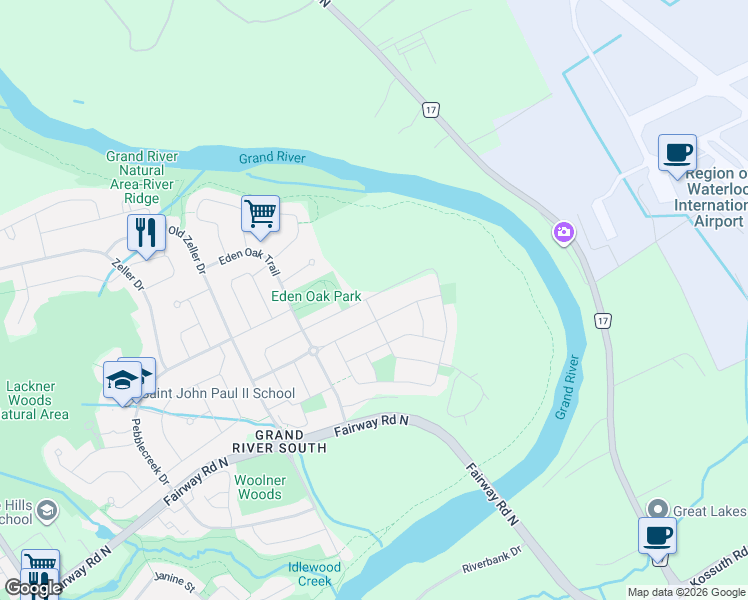 map of restaurants, bars, coffee shops, grocery stores, and more near 2 Crosswinds Drive in Kitchener