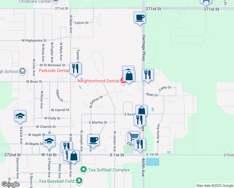 map of restaurants, bars, coffee shops, grocery stores, and more near 605 East Jesse Court in Tea